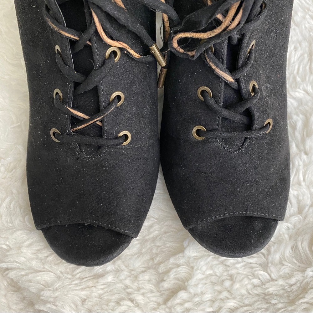 Bamboo Black Suede Lace Up Peep Toe Bootie - Picture 8 of 10